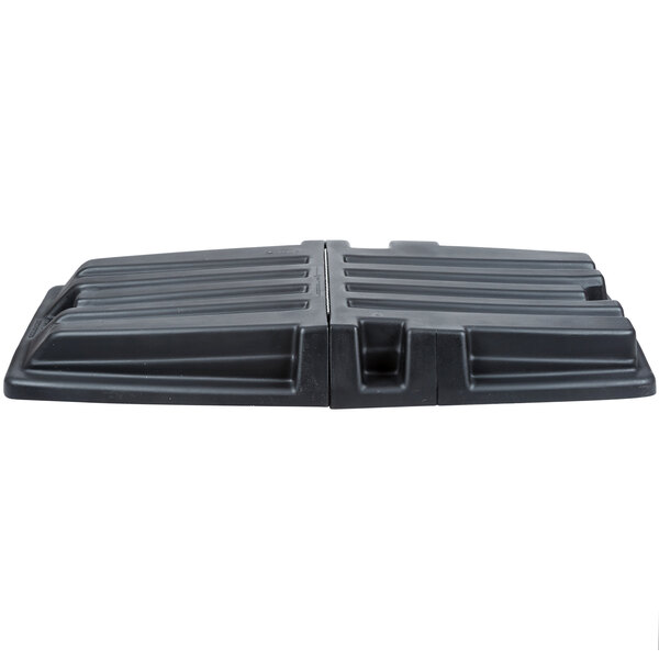 A black plastic Rubbermaid hinged dome lid for a tilt truck.
