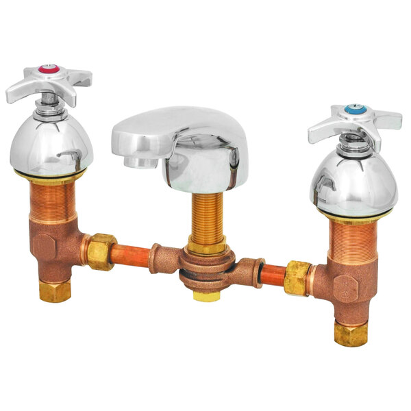 A T&S brass deck mount mixing faucet with two handles and pipes.