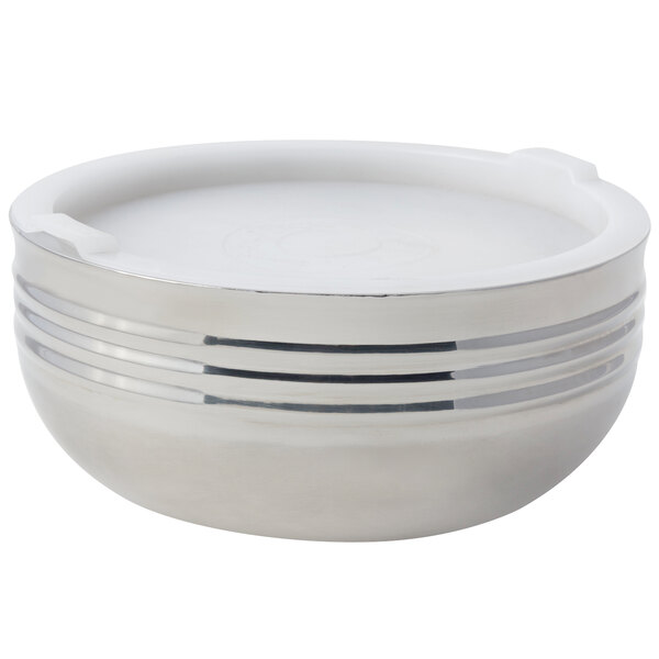 A Bon Chef white bowl with a silver rim.