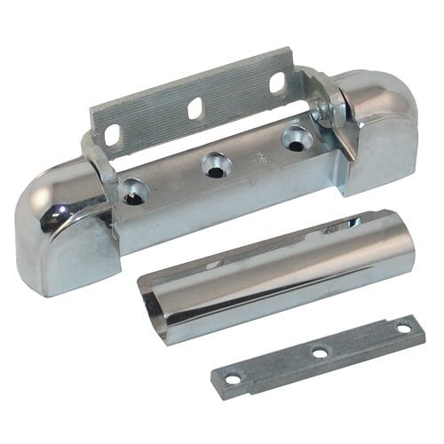 A close-up of a chrome steel Kason edge mount door hinge with two holes.