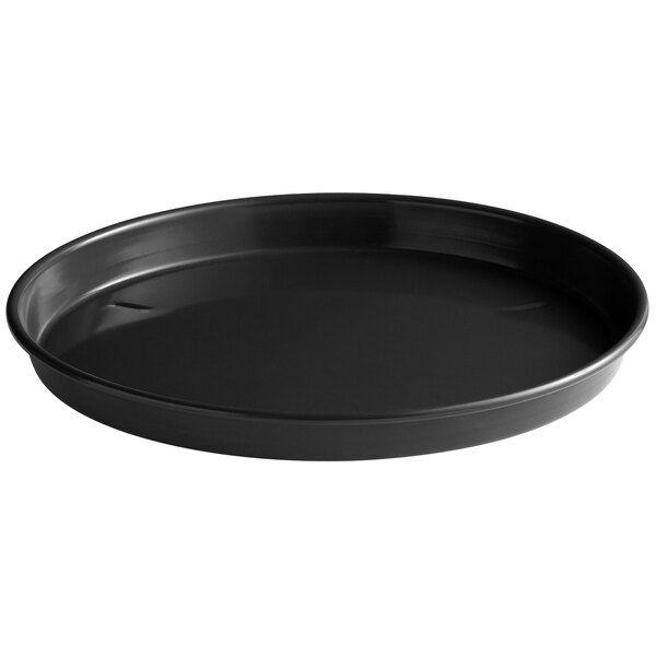 A black round Chicago Metallic BAKALON deep dish pizza pan with a handle.