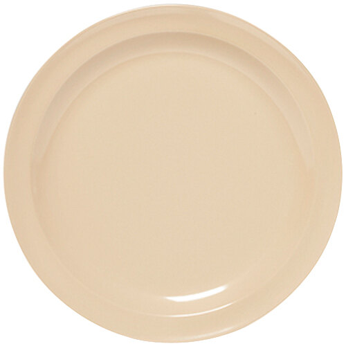 A tan SuperMel plate with a white rim.
