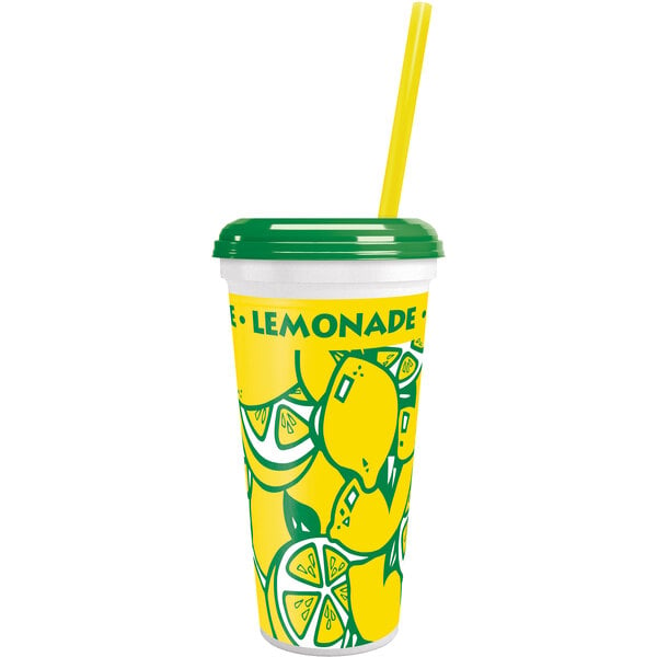 A yellow and green plastic lemonade cup with a straw and lid decorated with lemons.