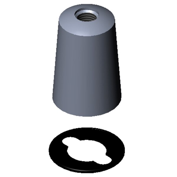 A grey metal Turret with a black rubber ring and a nut.