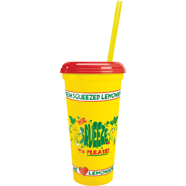 A yellow plastic "We Squeeze to Please" cup with a lid and straw.