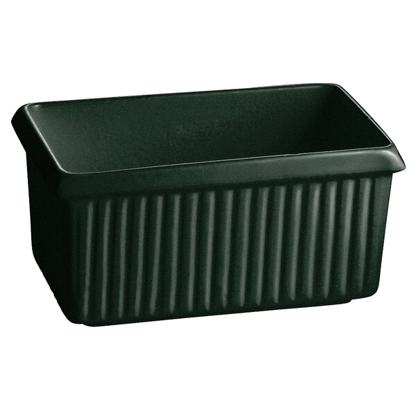 A hunter green rectangular container with ridges and a handle.