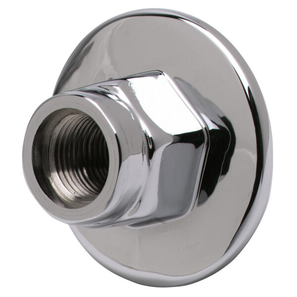 A shiny silver T&S flange panel with a nut.