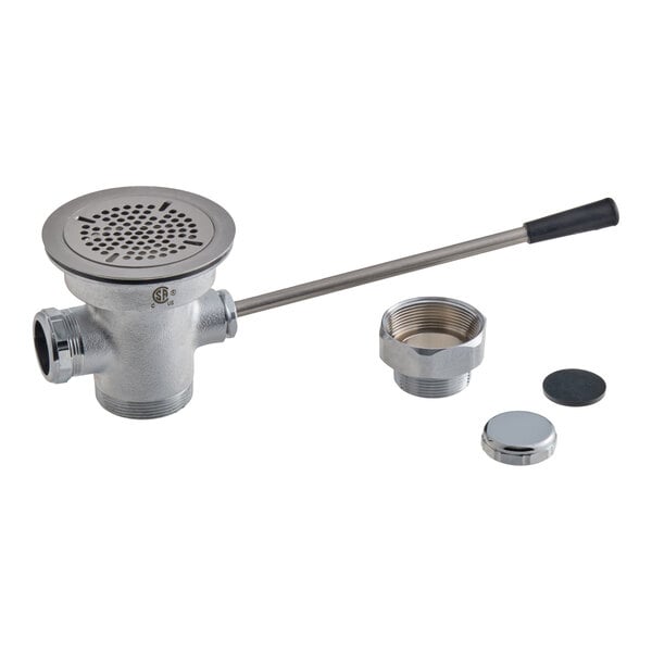 A metal lever handle waste valve assembly with a perforated drain cover, a long lever handle, and several threaded metal and rubber components displayed on a white background.