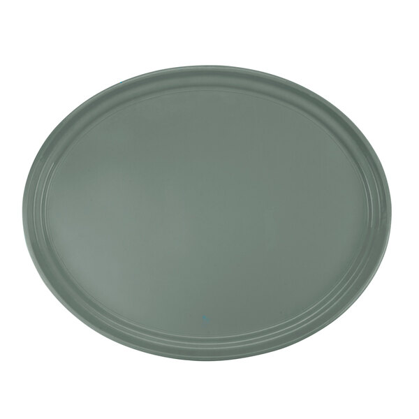 A grey oval Cambro tray with a dark green rim.