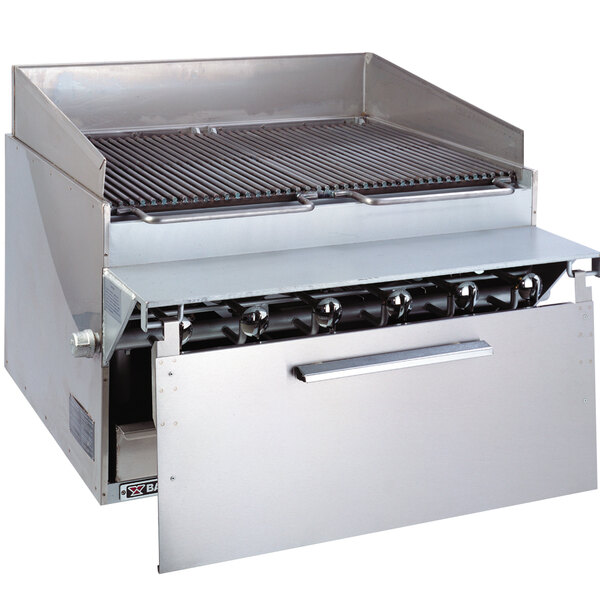 A large stainless steel Bakers Pride charbroiler with 8 burners.