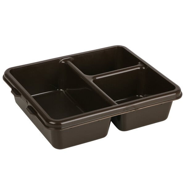 A brown Cambro co-polymer meal delivery tray with three compartments.