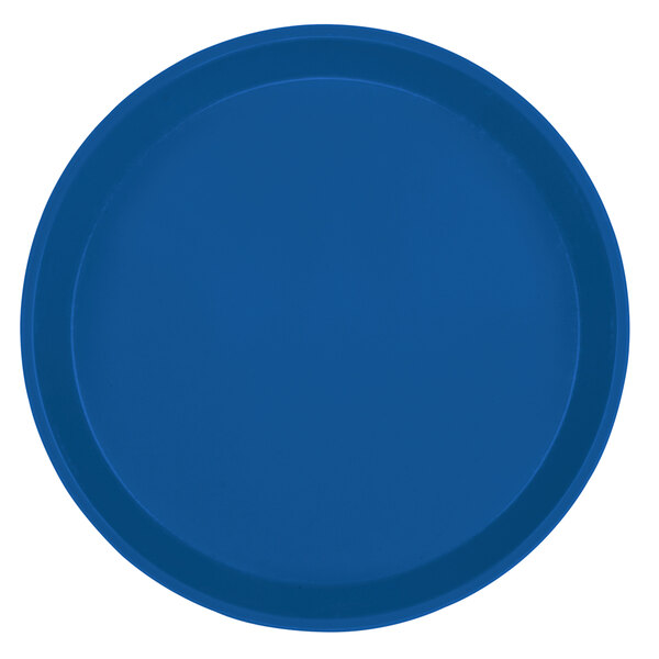A close-up of a blue round Cambro fiberglass plate.