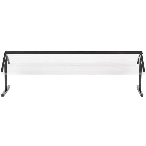 A black metal shelf with clear plastic and black metal rails.
