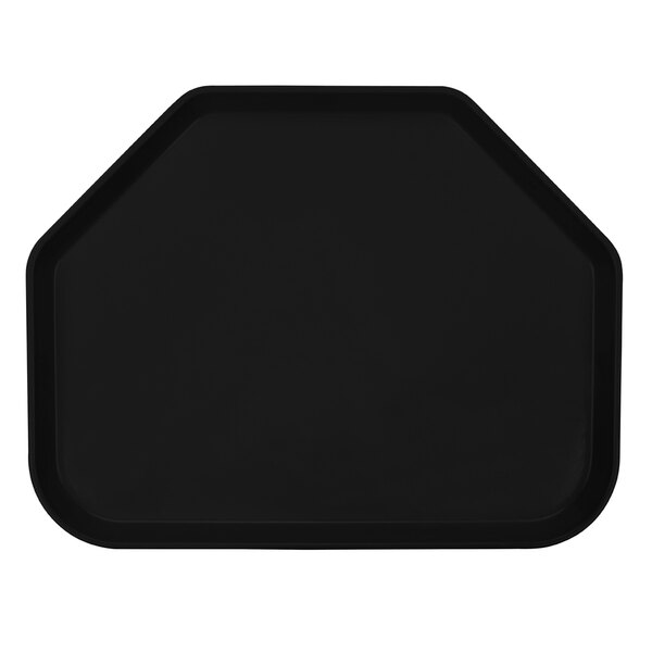 A black trapezoid-shaped Cambro cafeteria tray.