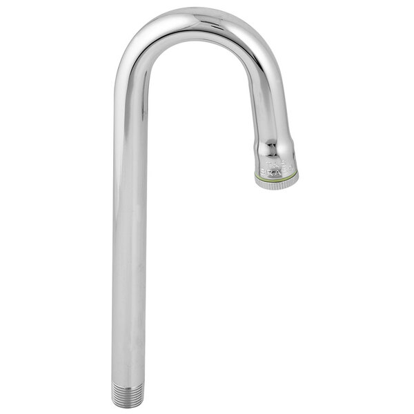 A chrome T&S swing gooseneck faucet spout with a silver bell adapter.