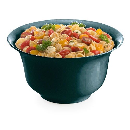 A black Tablecraft cast aluminum tulip salad bowl filled with pasta, tomatoes, and parsley.
