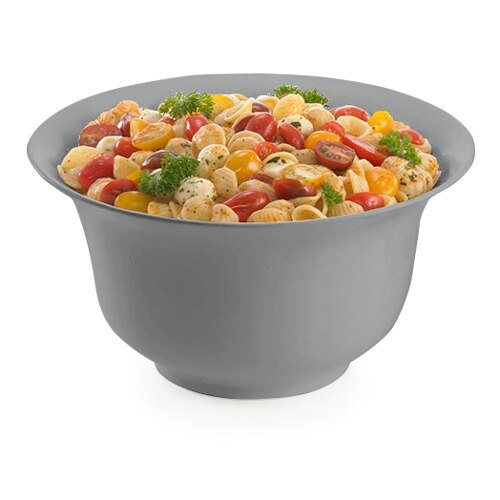 A Tablecraft natural cast aluminum tulip bowl filled with pasta and vegetables.