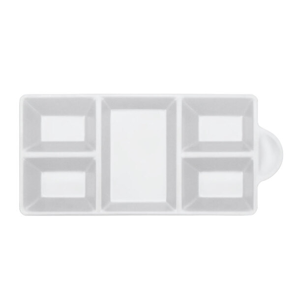 A white rectangular Elite Global Solutions melamine tray with five compartments.