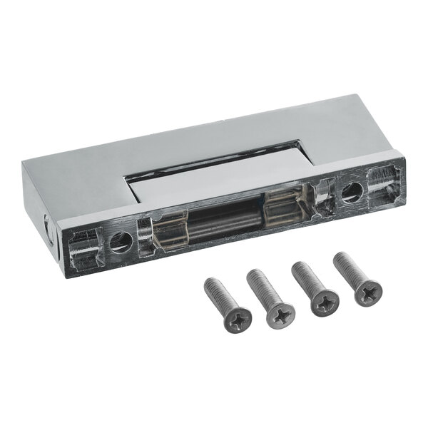 A rectangular metallic door hinge component with four screw holes, accompanied by four matching screws.