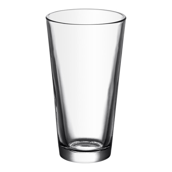 A clear, tall, 20 oz. rim tempered mixing glass.