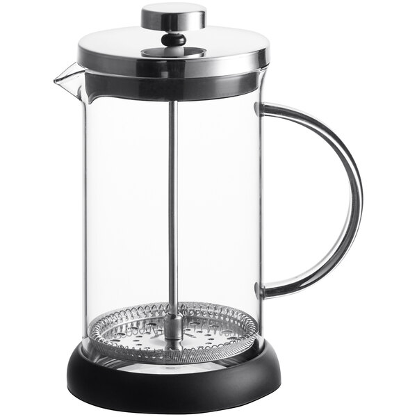A clear glass French press with a metal lid, plunger, and handle, and a black base.