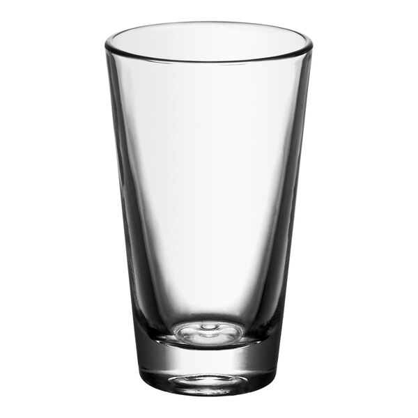 A clear, rim-tempered 14 oz. mixing glass.