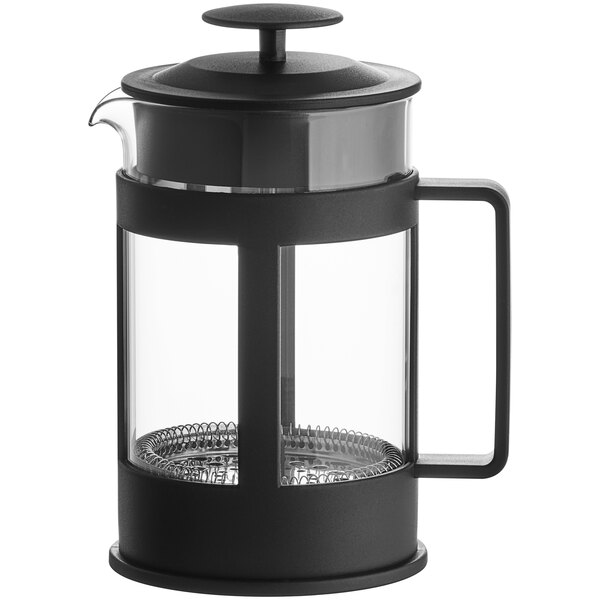 A glass and black French press coffee maker with a handle and a plunger lid.