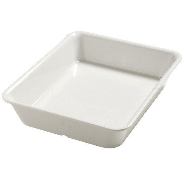 A white rectangular food pan with a white background.