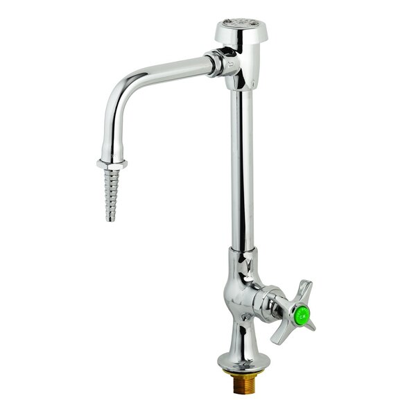 A silver T&S laboratory faucet with a green knob.
