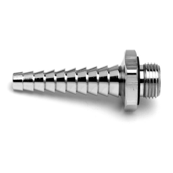 A T&S stainless steel threaded hose end with serrations.