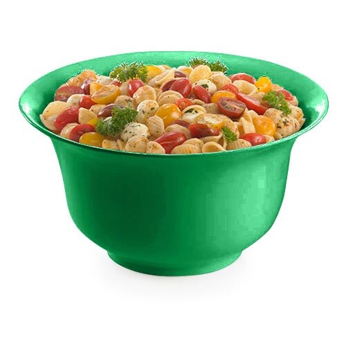 A Tablecraft green cast aluminum tulip salad bowl filled with pasta and vegetables.