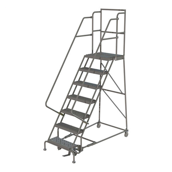 Tri-Arc 7-Step Steel Mobile Step Ladder with Handrails, Serrated Tread ...