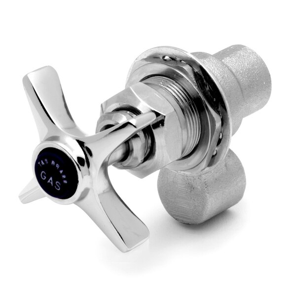 A chrome plated T&S steam valve with a heat resistant handle.