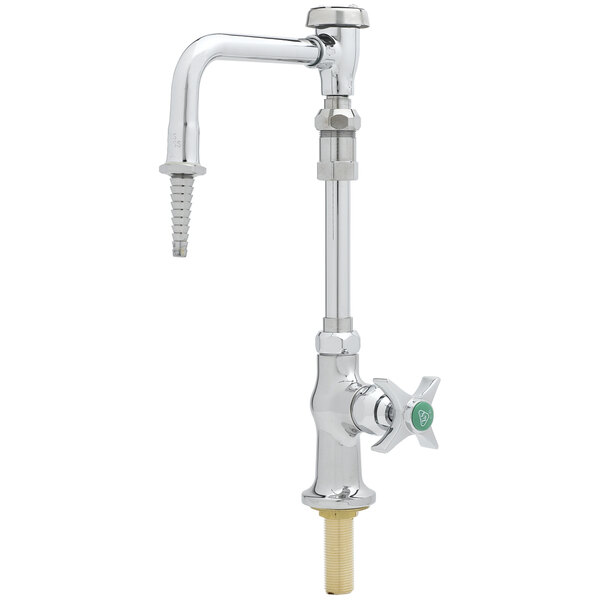 A chrome T&S laboratory faucet with a silver and green knob.