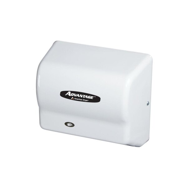 An American Dryer automatic hand dryer with a white ABS cover.