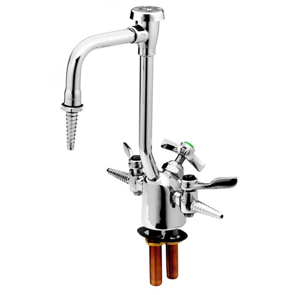 A silver T&S deck mount faucet with a 4 arm handle.