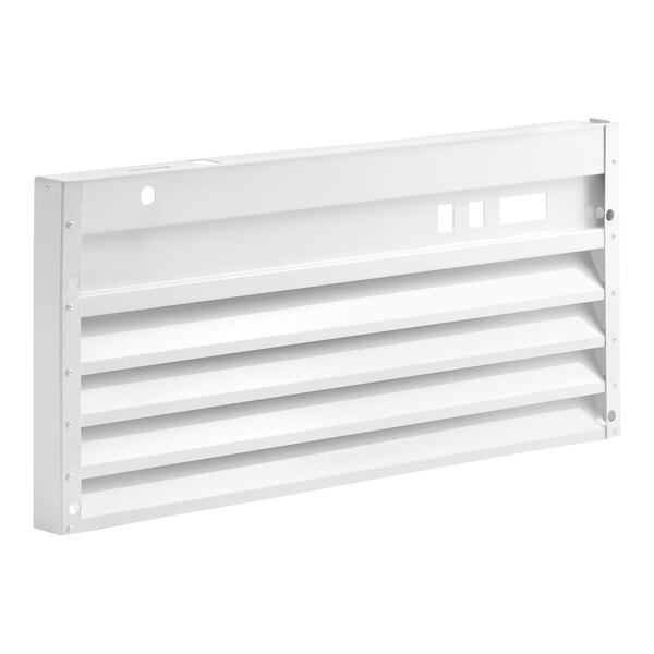 A white metal grille with horizontal slats and mounting holes on the sides.