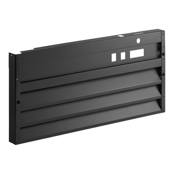 A black metal grille panel with horizontal slats and several rectangular cutouts, viewed from an angle.