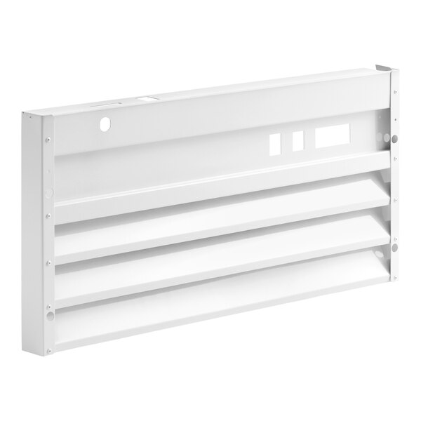 A white metal grille with horizontal slats and several rectangular cutouts, designed for mounting on a flat surface.