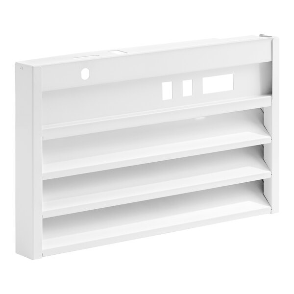 A white, rectangular metal grille with three angled slats and several cutouts on the top panel.