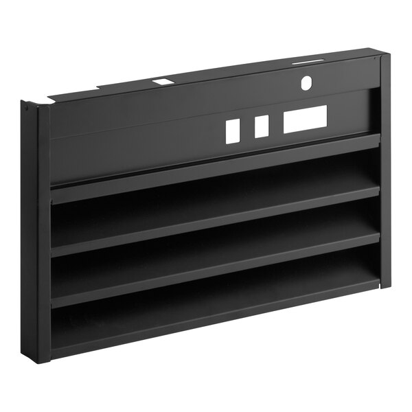A black metal grille with three horizontal slats and several rectangular cutouts on the upper section.