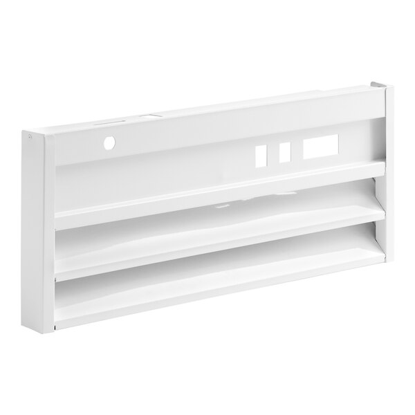 A white rectangular metal grille with angled slats and cutouts, designed for ventilation or airflow.
