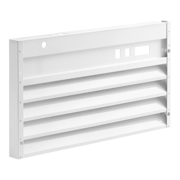A white metal grille with horizontal slats and rectangular cutouts, likely designed for ventilation or as a cover panel.