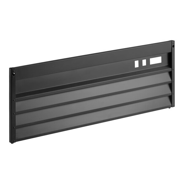 A black, rectangular metal panel with horizontal ridges and three cut-out sections on one side.