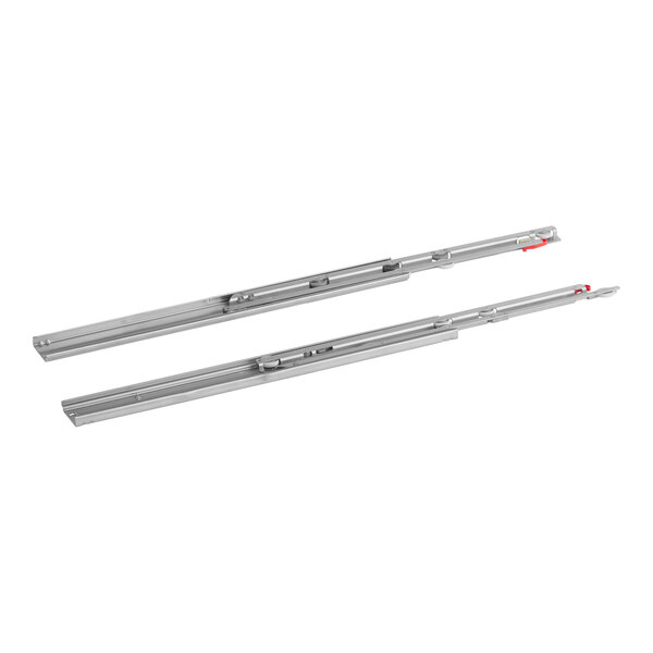 A two-piece metal left and right drawer slide set.