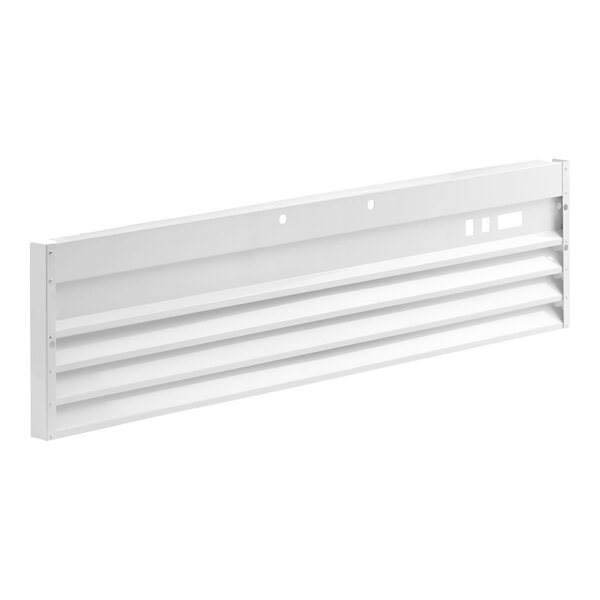 A white, rectangular metal grille with horizontal slats and mounting holes, viewed at an angle.