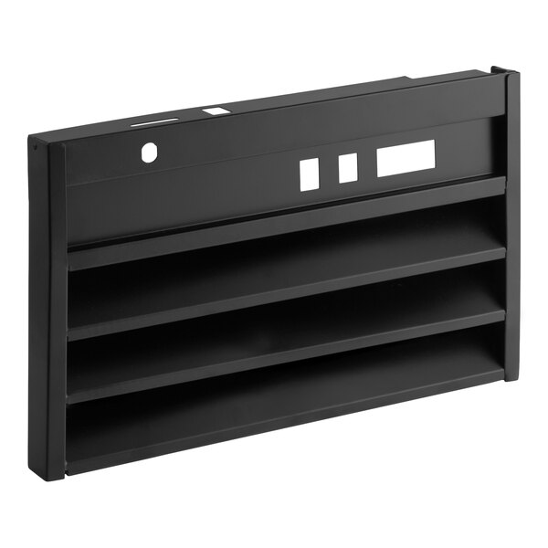 A black rectangular grille with three horizontal slats and several cut-out shapes on the top section.