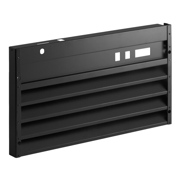 A black rectangular metal grille with horizontal slats and several cutouts on the upper section.