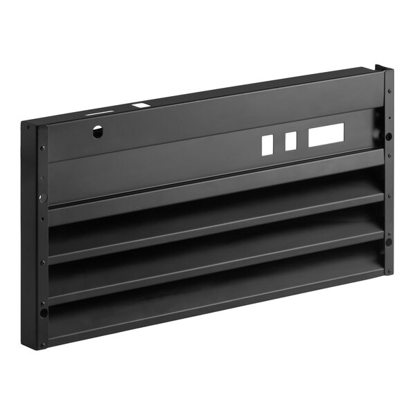 A black metal grille with horizontal slats and several rectangular cutouts, viewed from an angle.
