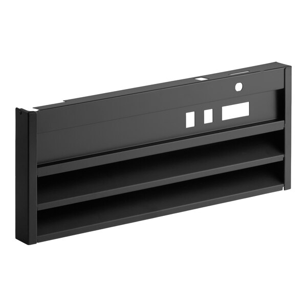 A black rectangular metal grille with two horizontal slats and several cutouts, designed for installation on a larger appliance or unit.